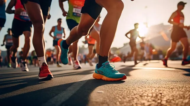 Corredoras en plena carrera sobre el asfalto, con el sol del atardecer al fondo